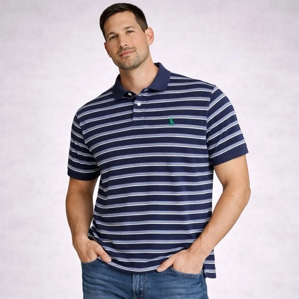 Polo Ralph Lauren Polo Shirt Mens XL Blue Striped Short Sleeve‎ Cotton